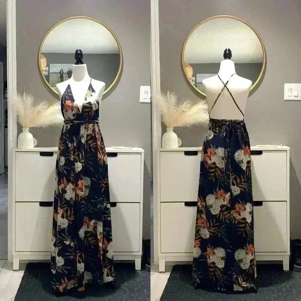 Korean Style summer beach Maxi  Dress in Navy